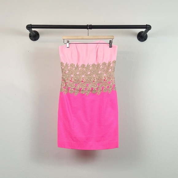 Lilly Pulitzer Kade Strapless Embroidered Mini Dress Pink/Gold (No Straps) - Picture 2 of 6